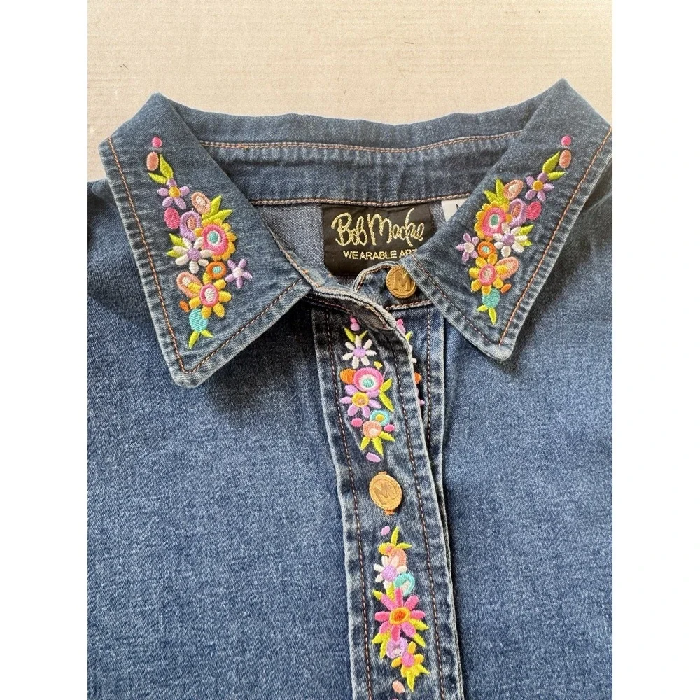 VTG Y2K Bob Mackie Wearable Art Embroidered Maypole Denim Button Down‎ Sz Medium